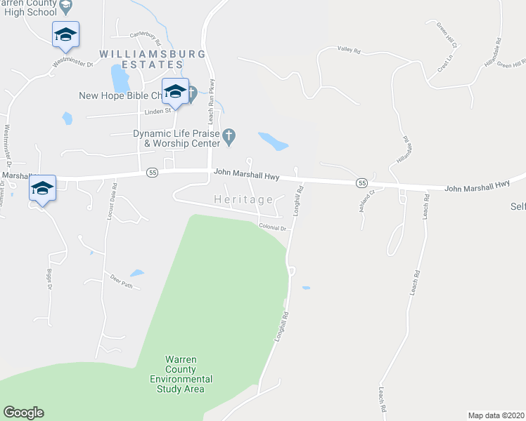 map of restaurants, bars, coffee shops, grocery stores, and more near 46 Colonial Drive in Front Royal