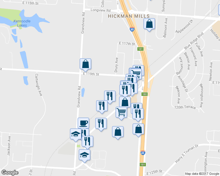 map of restaurants, bars, coffee shops, grocery stores, and more near 1227 E Martha Truman Rd in Grandview