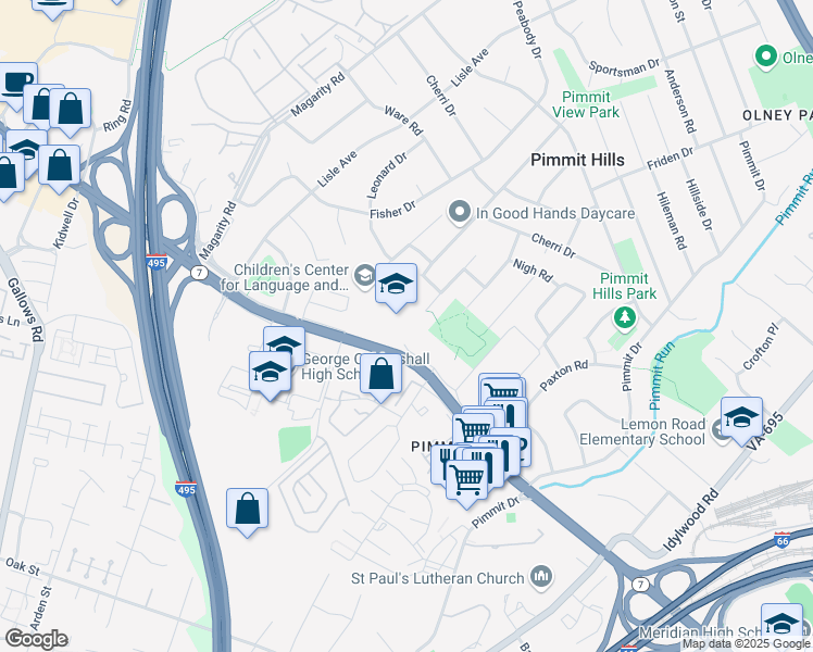 map of restaurants, bars, coffee shops, grocery stores, and more near 7600 Leesburg Pike in Falls Church