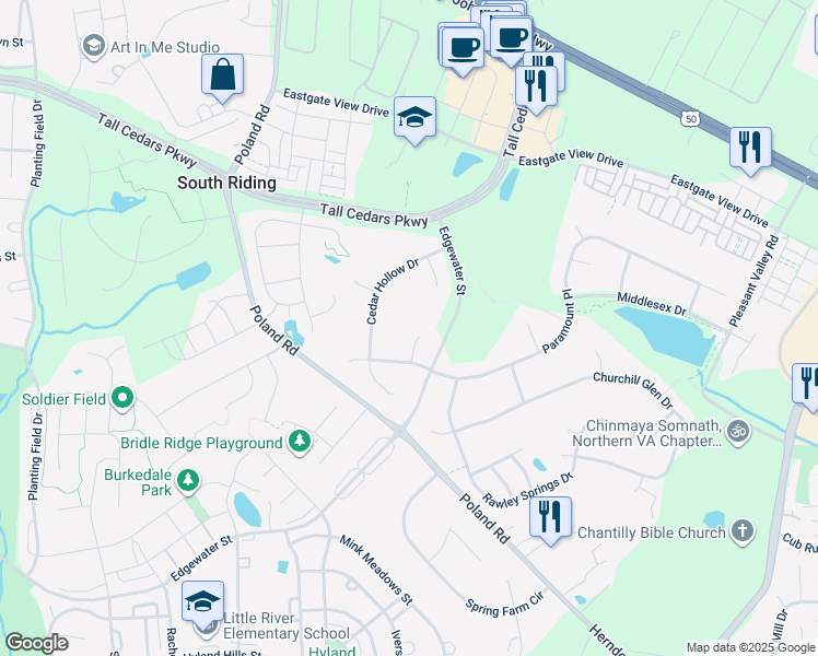 map of restaurants, bars, coffee shops, grocery stores, and more near 25665 Pleasant Woods Court in Chantilly