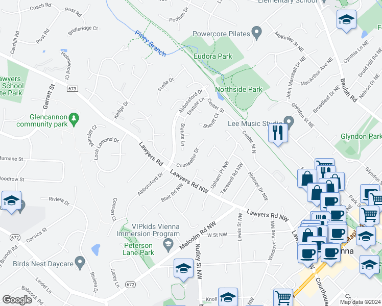 map of restaurants, bars, coffee shops, grocery stores, and more near 9614 Counsellor Drive in Vienna