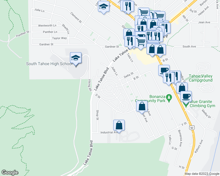 map of restaurants, bars, coffee shops, grocery stores, and more near 1080 Julie Lane in South Lake Tahoe
