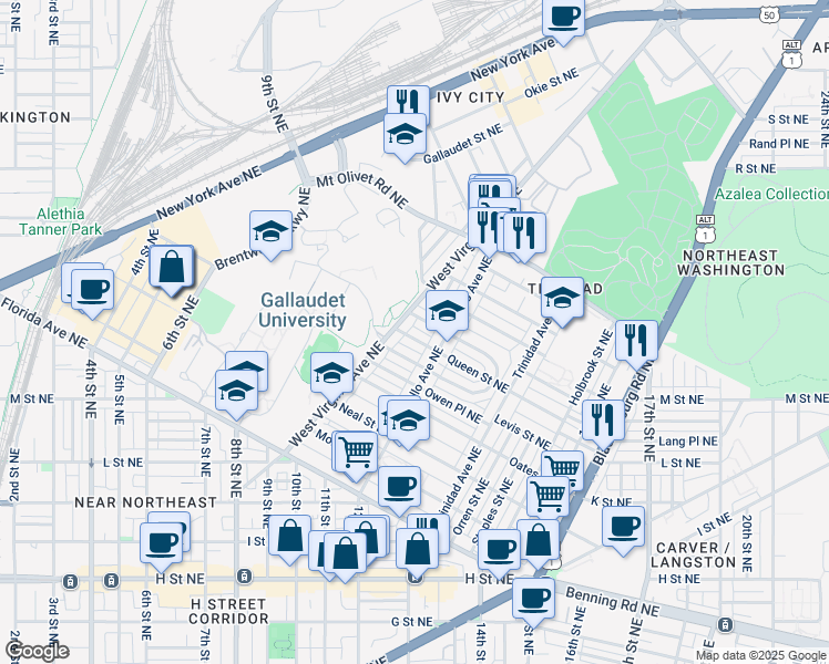 map of restaurants, bars, coffee shops, grocery stores, and more near 1106 Queen Street Northeast in Washington