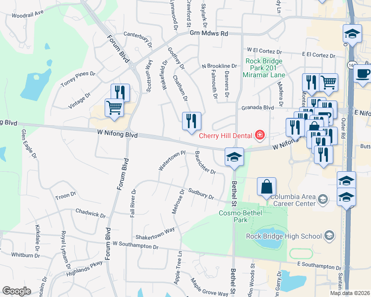map of restaurants, bars, coffee shops, grocery stores, and more near 4000 Melrose Drive in Columbia