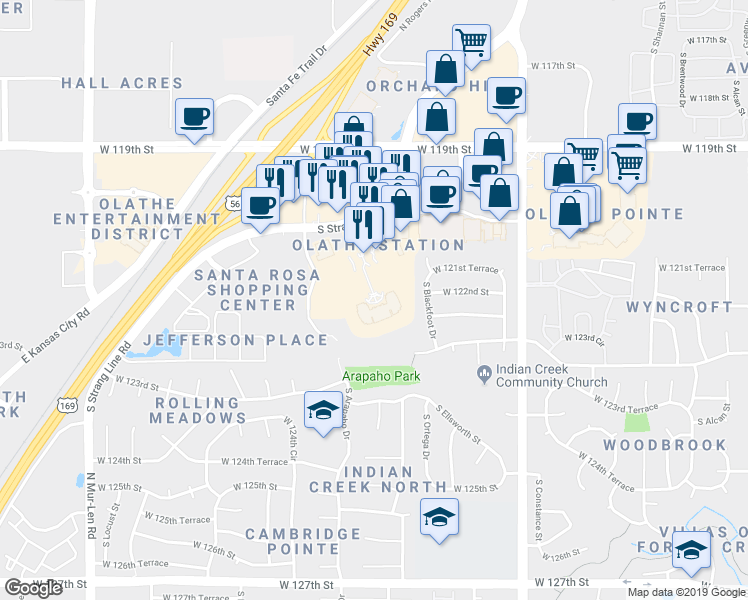 map of restaurants, bars, coffee shops, grocery stores, and more near 12075 South Strang Line Road in Olathe