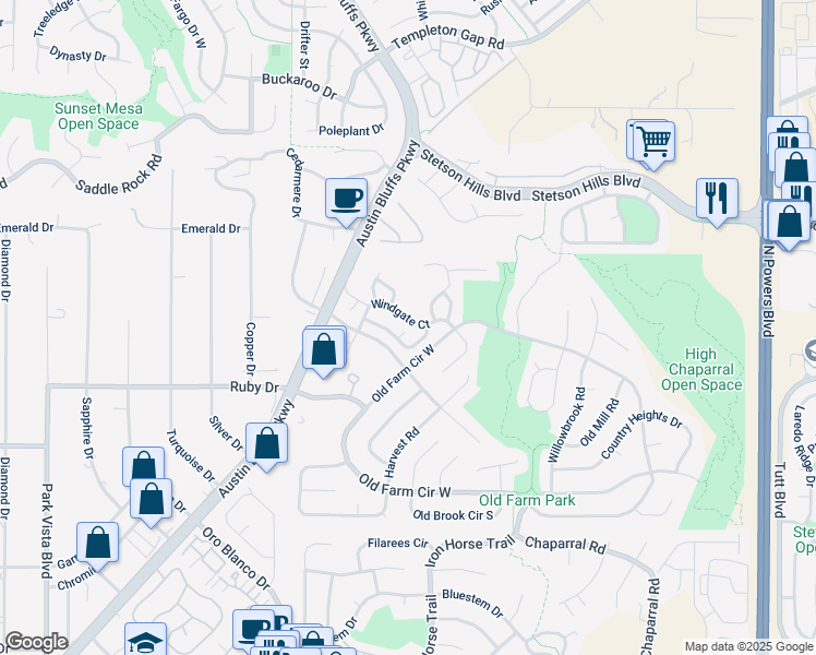 map of restaurants, bars, coffee shops, grocery stores, and more near 5055 Galileo Drive in Colorado Springs