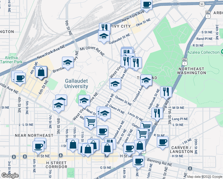map of restaurants, bars, coffee shops, grocery stores, and more near 1129 Holbrook Terrace Northeast in Washington