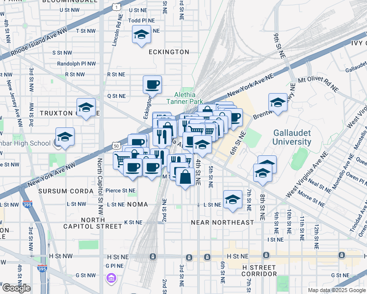 map of restaurants, bars, coffee shops, grocery stores, and more near 1200 3rd Street Northeast in Washington