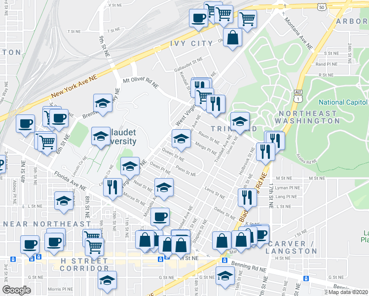 map of restaurants, bars, coffee shops, grocery stores, and more near 1621 Montello Avenue Northeast in Washington