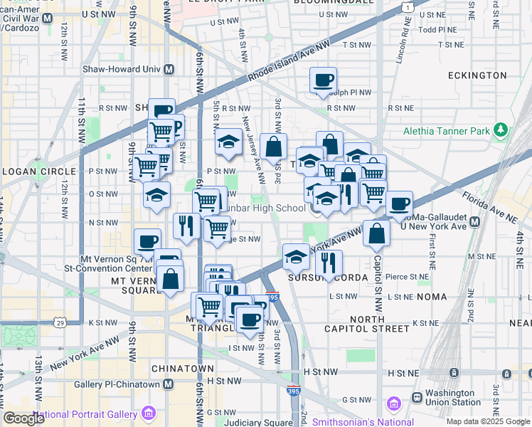 map of restaurants, bars, coffee shops, grocery stores, and more near 1300 New Jersey Avenue Northwest in Washington