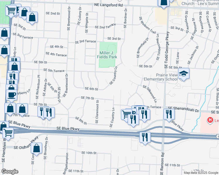 map of restaurants, bars, coffee shops, grocery stores, and more near 601 Southeast Country Lane in Lee's Summit