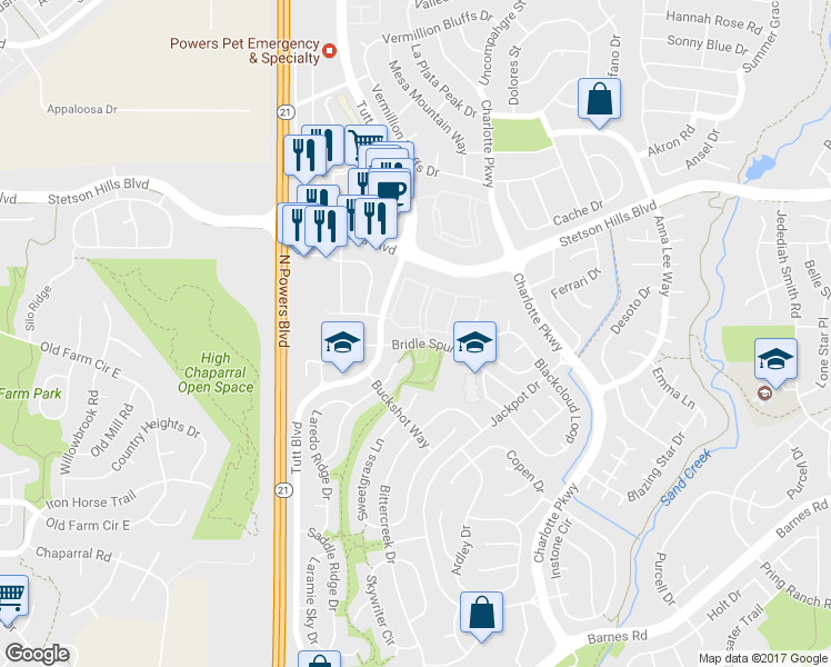 map of restaurants, bars, coffee shops, grocery stores, and more near 5256 Prairie Grass Lane in Colorado Springs
