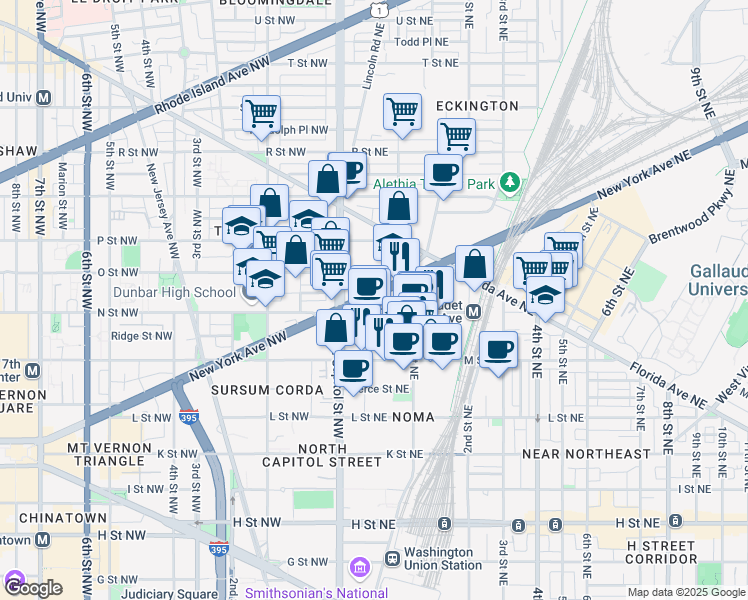 map of restaurants, bars, coffee shops, grocery stores, and more near 33 New York Avenue Northeast in Washington