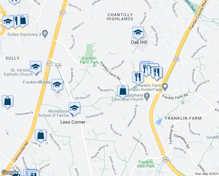 map of restaurants, bars, coffee shops, grocery stores, and more near 13512 Brightfield Lane in Herndon