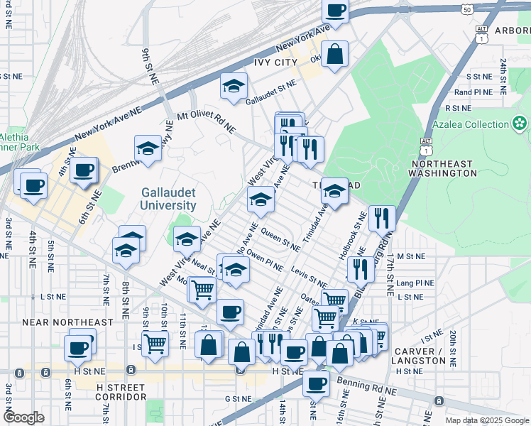 map of restaurants, bars, coffee shops, grocery stores, and more near 1621 Montello Avenue Northeast in Washington