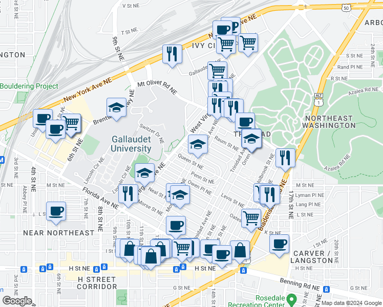 map of restaurants, bars, coffee shops, grocery stores, and more near 1129 Holbrook Terrace Northeast in Washington