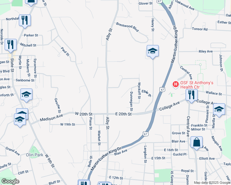 map of restaurants, bars, coffee shops, grocery stores, and more near 300 Mc Ginnis Street in Alton