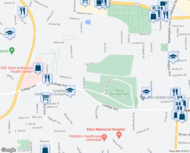 map of restaurants, bars, coffee shops, grocery stores, and more near 1241 Fairway Drive in Alton
