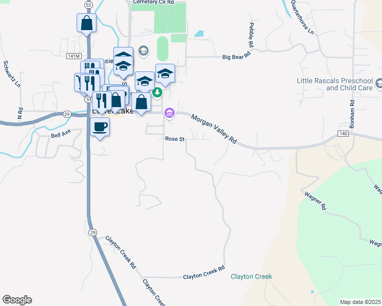 map of restaurants, bars, coffee shops, grocery stores, and more near 16569 Teklas Way in Lower Lake