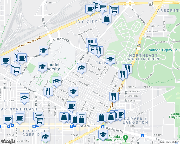 map of restaurants, bars, coffee shops, grocery stores, and more near 101 Independence Avenue Southeast in Washington