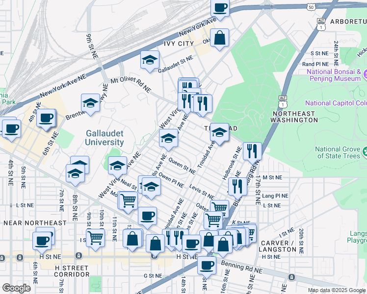 map of restaurants, bars, coffee shops, grocery stores, and more near 101 Independence Avenue Southeast in Washington