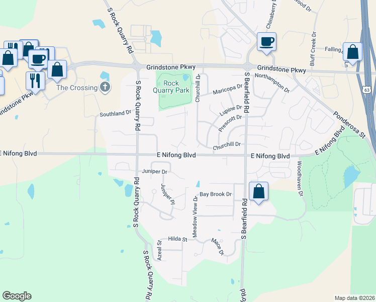 map of restaurants, bars, coffee shops, grocery stores, and more near 3808 Larkspur Court in Columbia