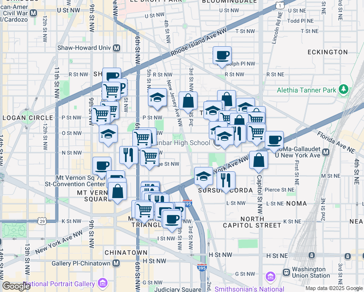 map of restaurants, bars, coffee shops, grocery stores, and more near 1300 New Jersey Avenue Northwest in Washington
