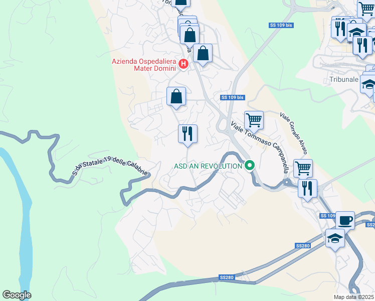 map of restaurants, bars, coffee shops, grocery stores, and more near Traversa Barlaam da Seminara in Catanzaro
