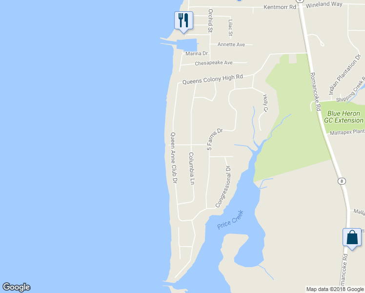 map of restaurants, bars, coffee shops, grocery stores, and more near 301 Queen Anne Club Drive in Stevensville