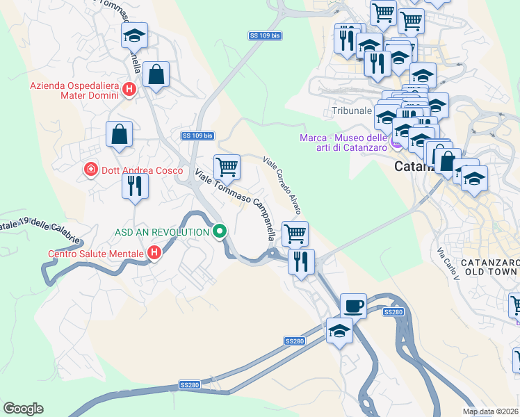 map of restaurants, bars, coffee shops, grocery stores, and more near 8b Viale Tommaso Campanella in Catanzaro