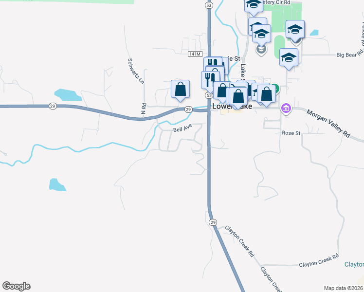 map of restaurants, bars, coffee shops, grocery stores, and more near 10164 Bell Avenue in Lower Lake