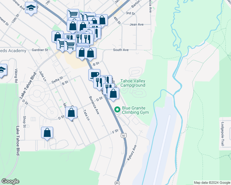 map of restaurants, bars, coffee shops, grocery stores, and more near 1200 Melba Drive in South Lake Tahoe