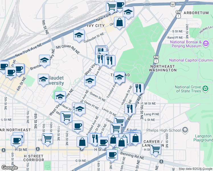 map of restaurants, bars, coffee shops, grocery stores, and more near 101 Independence Avenue Southeast in Washington