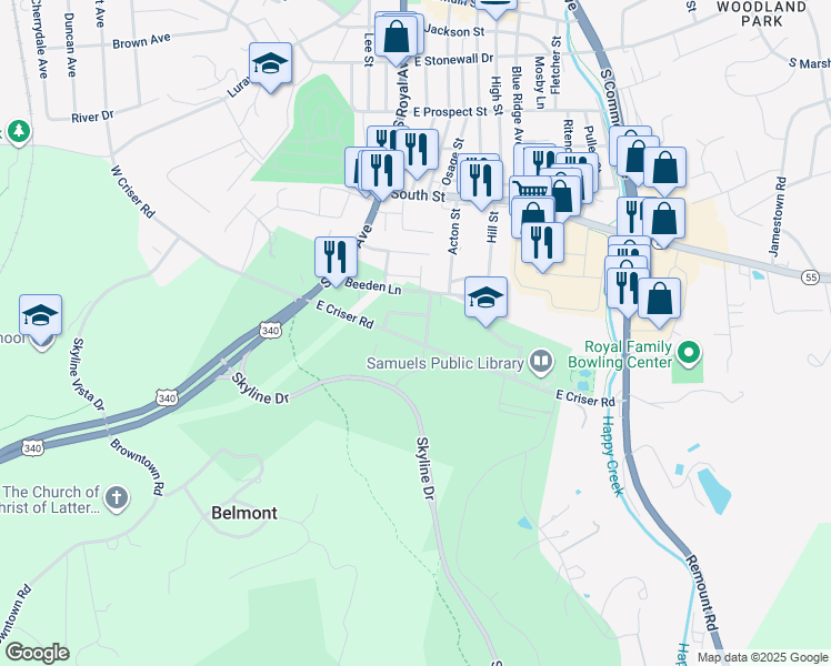 map of restaurants, bars, coffee shops, grocery stores, and more near 126 East Criser Road in Front Royal