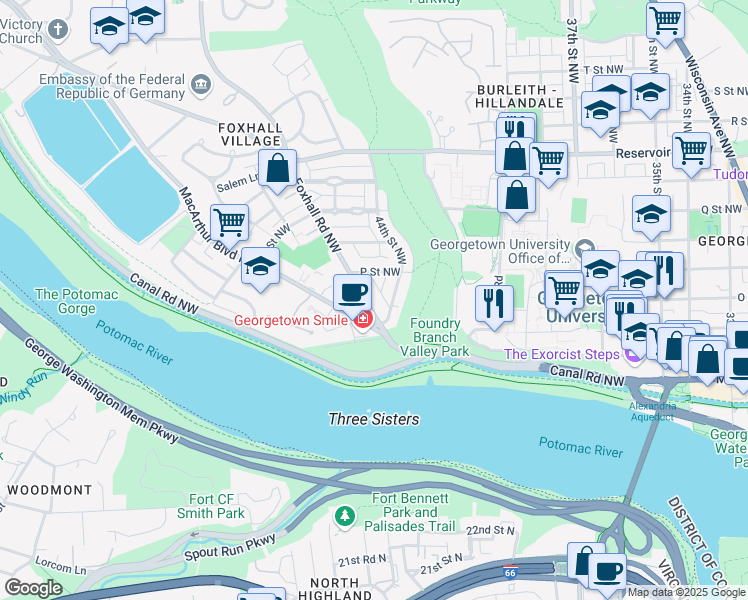 map of restaurants, bars, coffee shops, grocery stores, and more near 1417 Foxhall Road Northwest in Washington