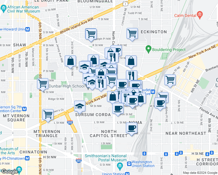 map of restaurants, bars, coffee shops, grocery stores, and more near 101 Independence Avenue Southeast in Washington