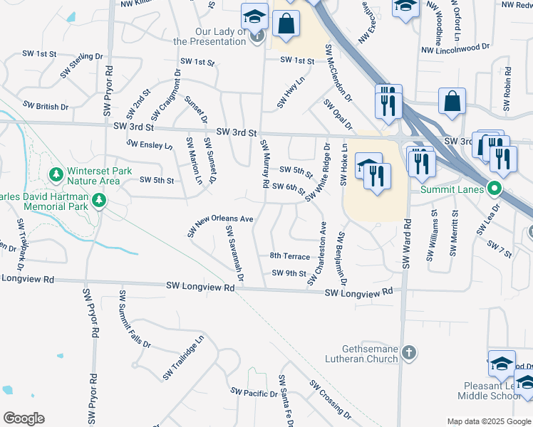 map of restaurants, bars, coffee shops, grocery stores, and more near 604 Southwest Murray Road in Lee's Summit