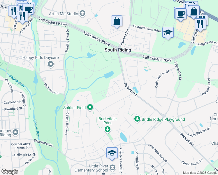 map of restaurants, bars, coffee shops, grocery stores, and more near 25571 Poland Road in Chantilly