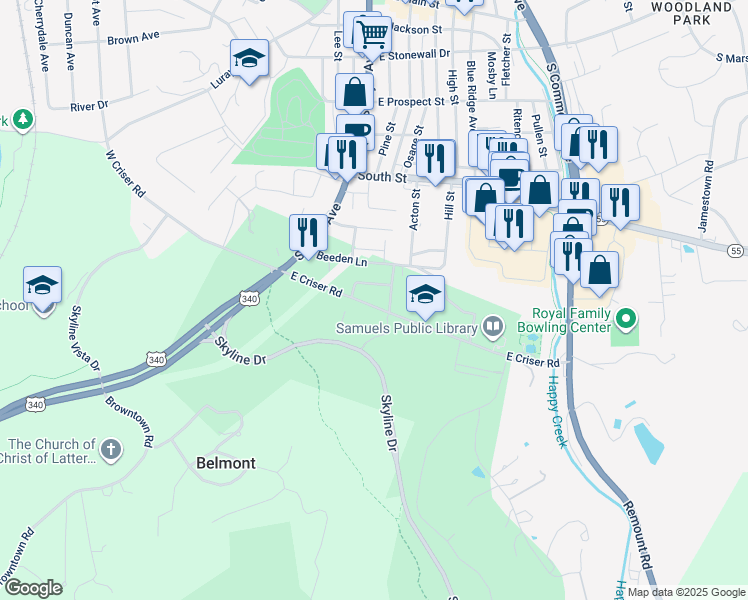 map of restaurants, bars, coffee shops, grocery stores, and more near 120 East Criser Road in Front Royal