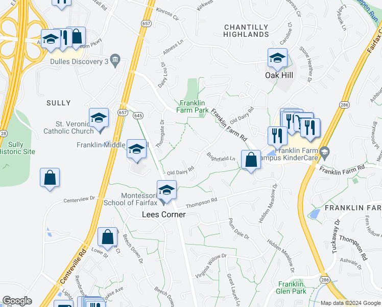 map of restaurants, bars, coffee shops, grocery stores, and more near 13605 Soft Breeze Court in Herndon