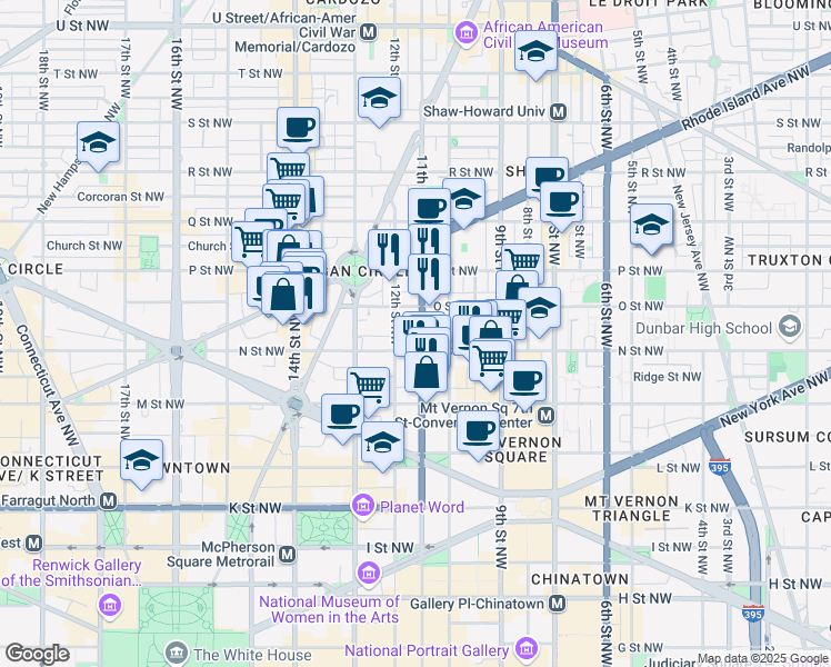map of restaurants, bars, coffee shops, grocery stores, and more near 1314 11th Street Northwest in Washington