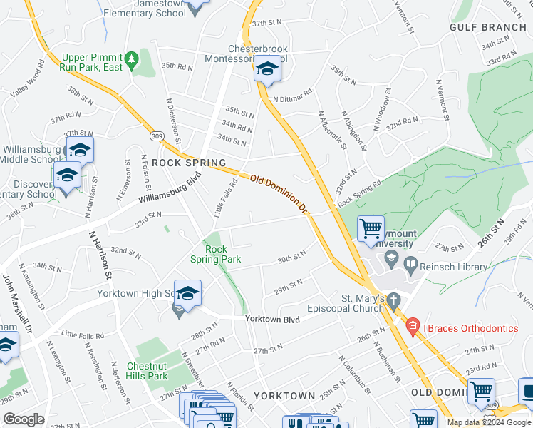 map of restaurants, bars, coffee shops, grocery stores, and more near 4909 Rock Spring Road in Arlington