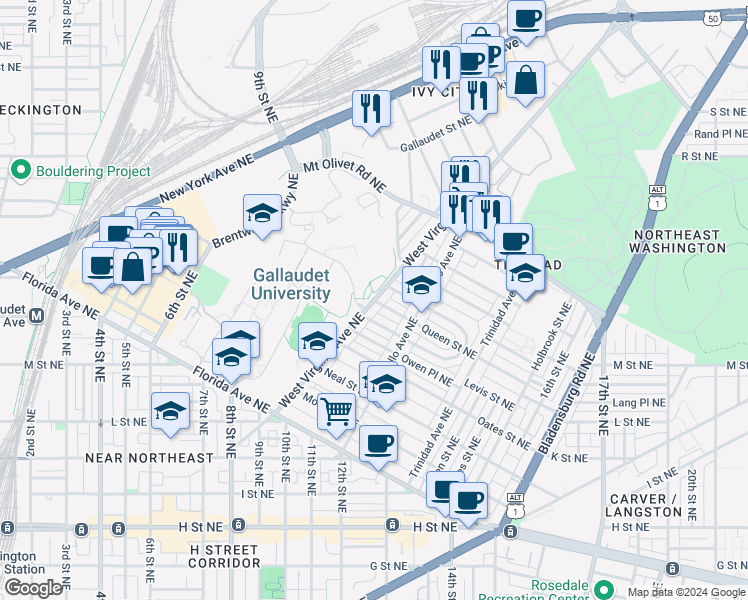 map of restaurants, bars, coffee shops, grocery stores, and more near West Virginia Avenue Northeast & Queen Street Northeast in Washington