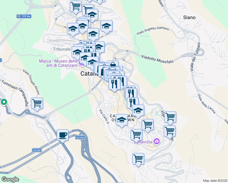 map of restaurants, bars, coffee shops, grocery stores, and more near 45 Corso G. Mazzini in Catanzaro
