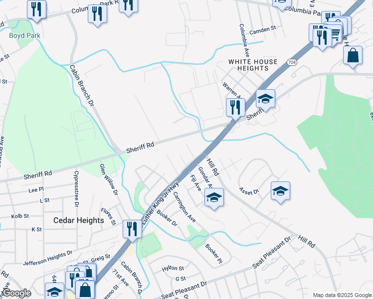 map of restaurants, bars, coffee shops, grocery stores, and more near 1322 Gabes Place in Prince George's County