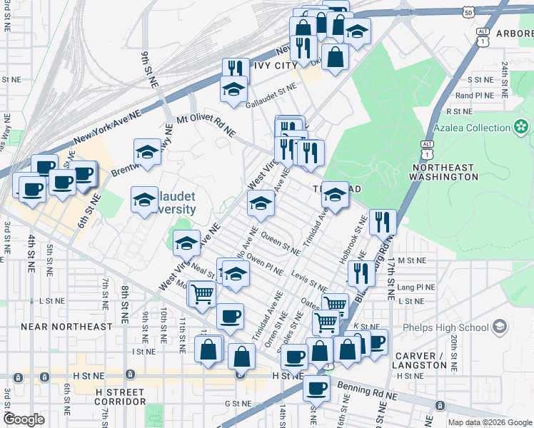map of restaurants, bars, coffee shops, grocery stores, and more near 1627 Montello Avenue Northeast in Washington