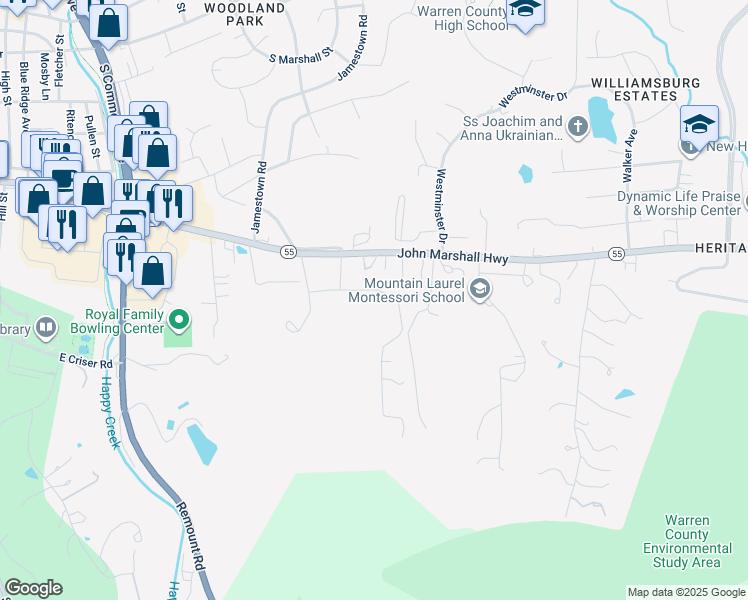 map of restaurants, bars, coffee shops, grocery stores, and more near 1169 Elm Street in Front Royal