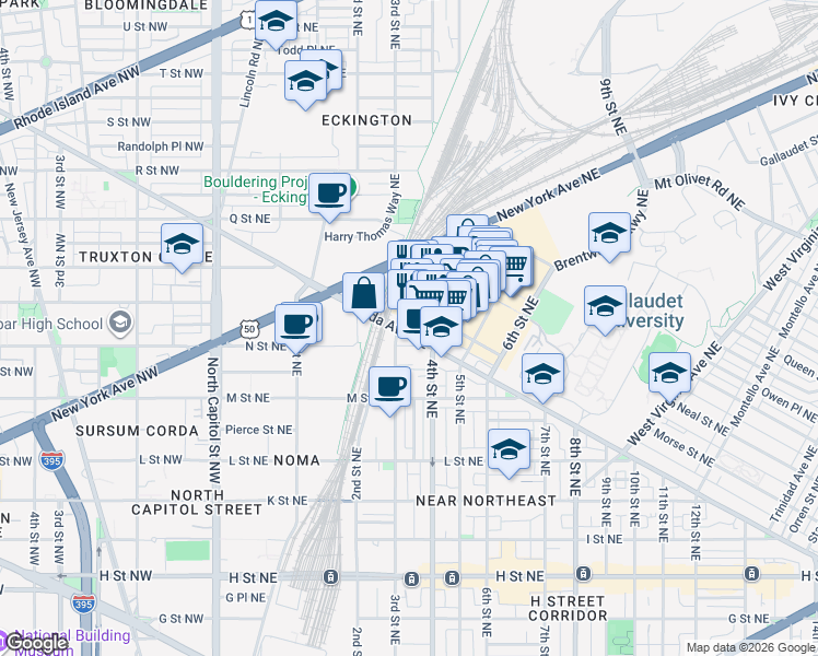 map of restaurants, bars, coffee shops, grocery stores, and more near 101 Independence Avenue Southeast in Washington
