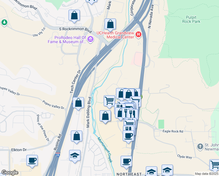 map of restaurants, bars, coffee shops, grocery stores, and more near 5414 North Nevada Avenue in Colorado Springs