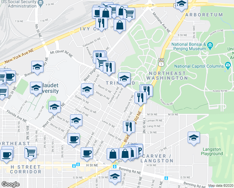 map of restaurants, bars, coffee shops, grocery stores, and more near 101 Independence Avenue Southeast in Washington